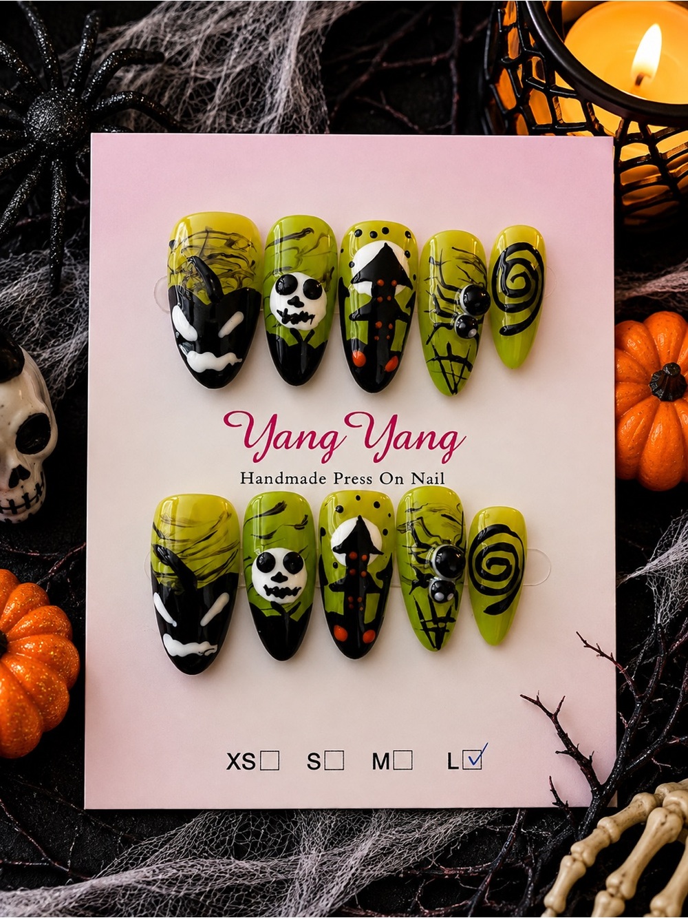 💚🕷️ Spooky Green Halloween Press-On Nails – Size Large